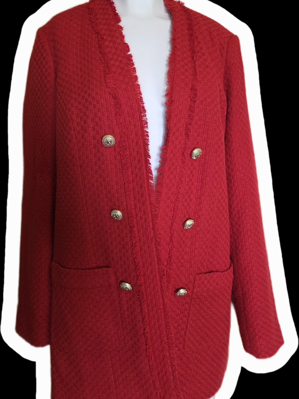 Suzy Shier Red Double-Breasted Bouclé Blazer